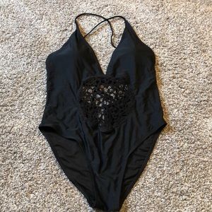 NWOT beautiful black one piece with crochet detail